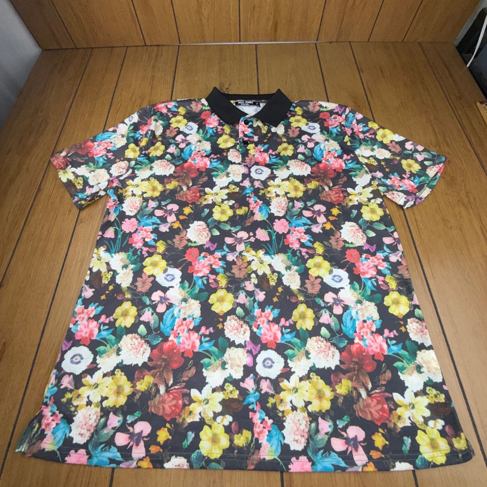 Paul Jones Mens XL Floral Polo Shirt Short Sleeve Black Tropical Botanical Print